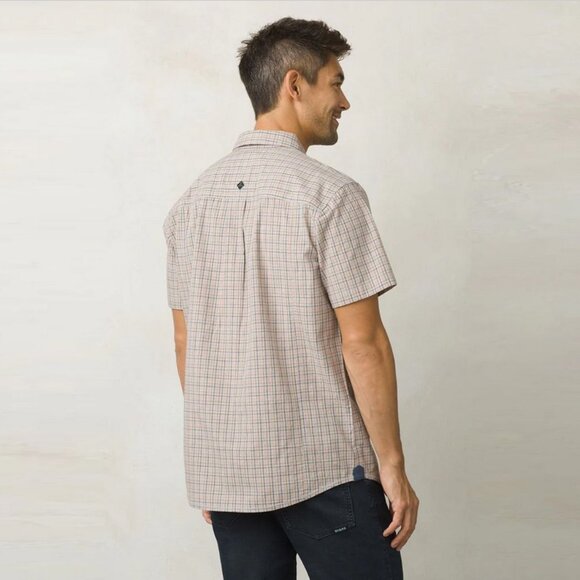 prAna Lukas Slim Fit Button Down Short Sleeve Shirt in Brown and Orange Plaid, L - Picture 2 of 7